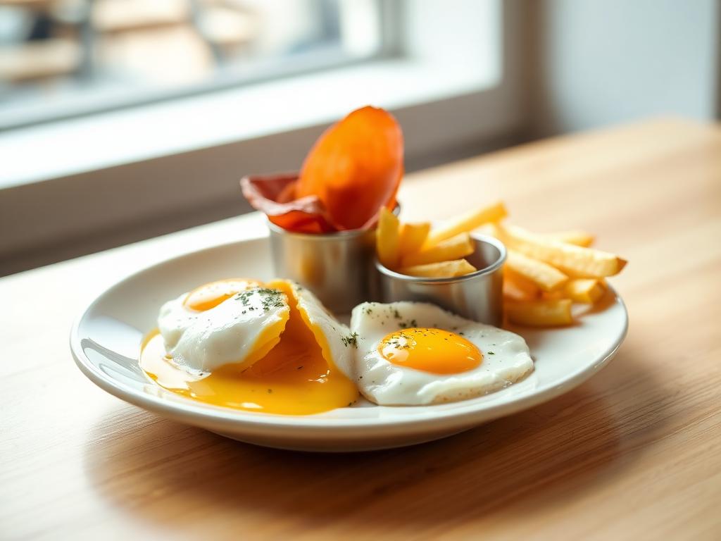 Patatas fritas, huevo y jamón