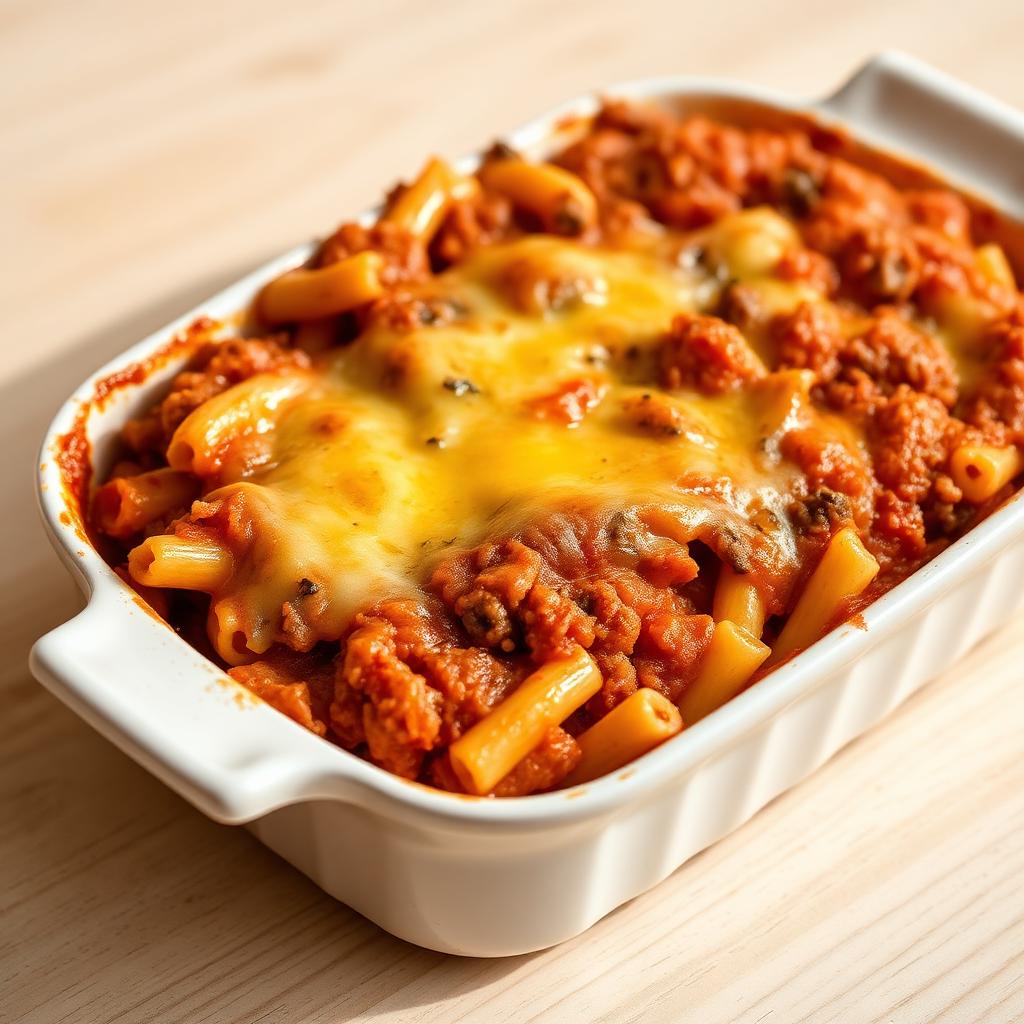 Gratinado de macarrones con carne picada y salsa de tomate