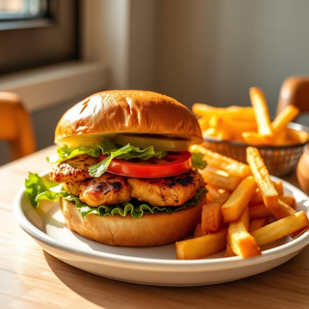 Hamburguesa de pollo con patatas fritas