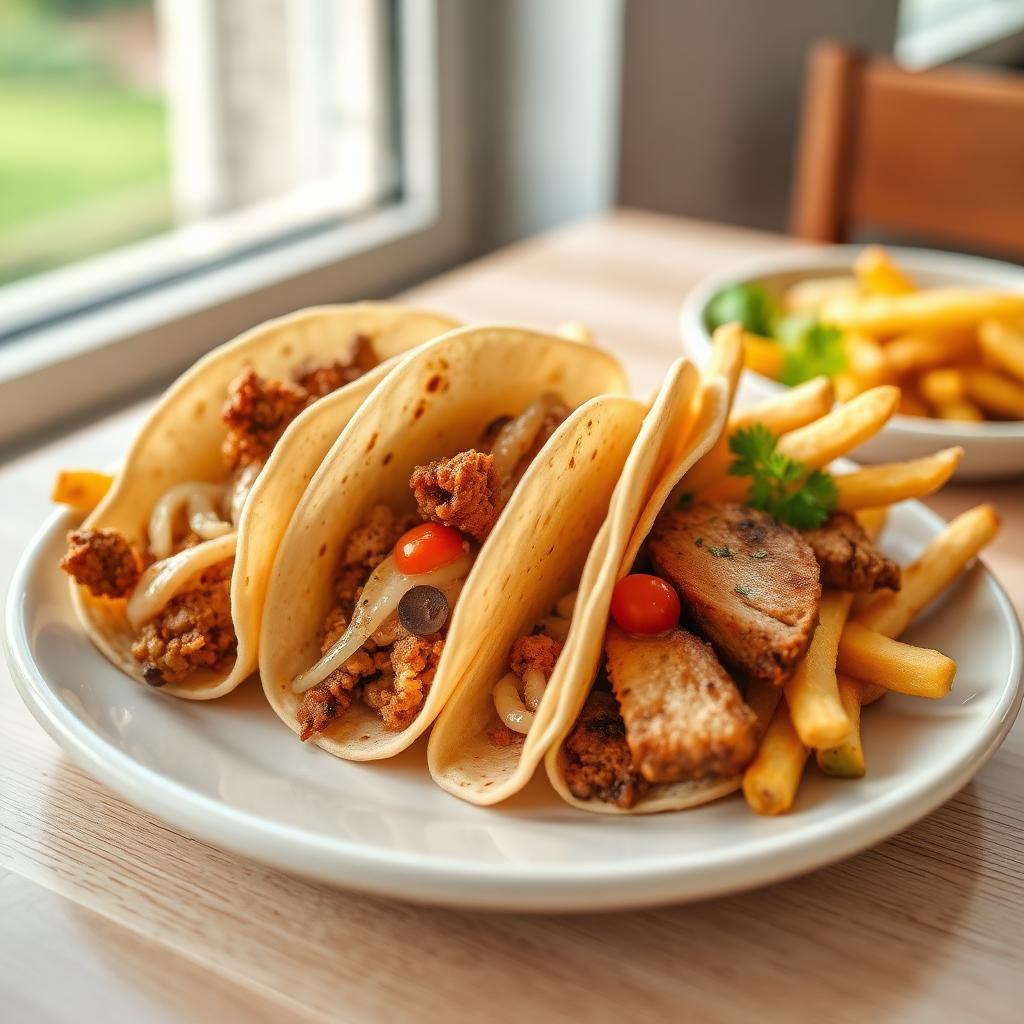 Tacos de kefta y pollo con patatas fritas
