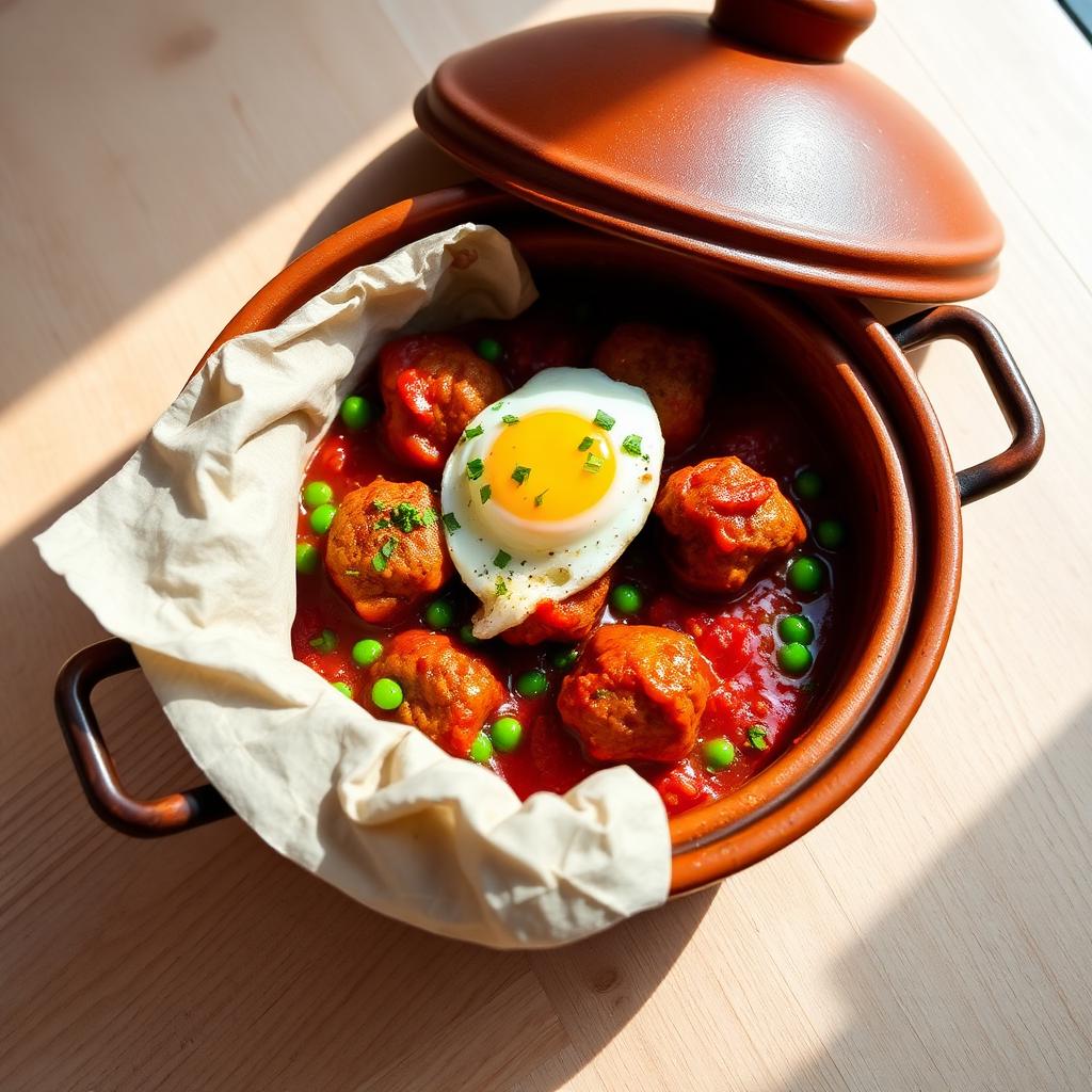 Tajín de kefta con guisantes y huevo