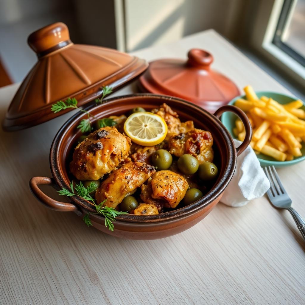 Tajín de pollo con aceitunas y patatas fritas